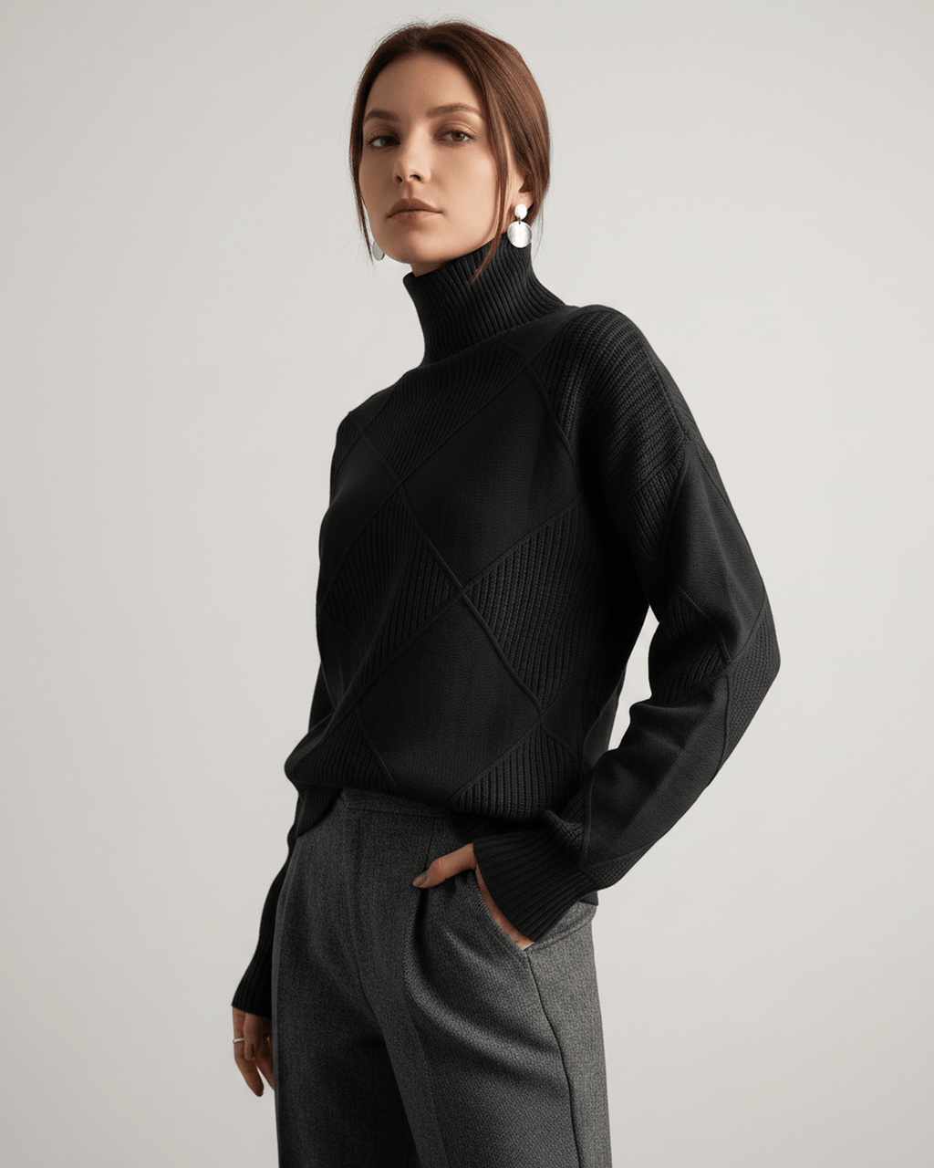 Aureline Sweater by Lauven — women’s oversized high-neck knit sweater with geometric texture and ribbed details