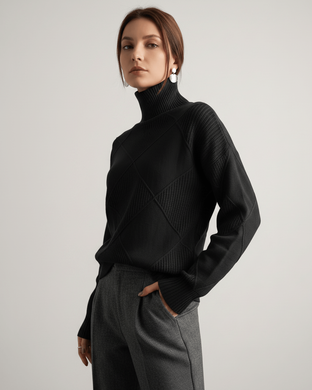Aureline Sweater by Lauven — women’s oversized high-neck knit sweater with geometric texture and ribbed details