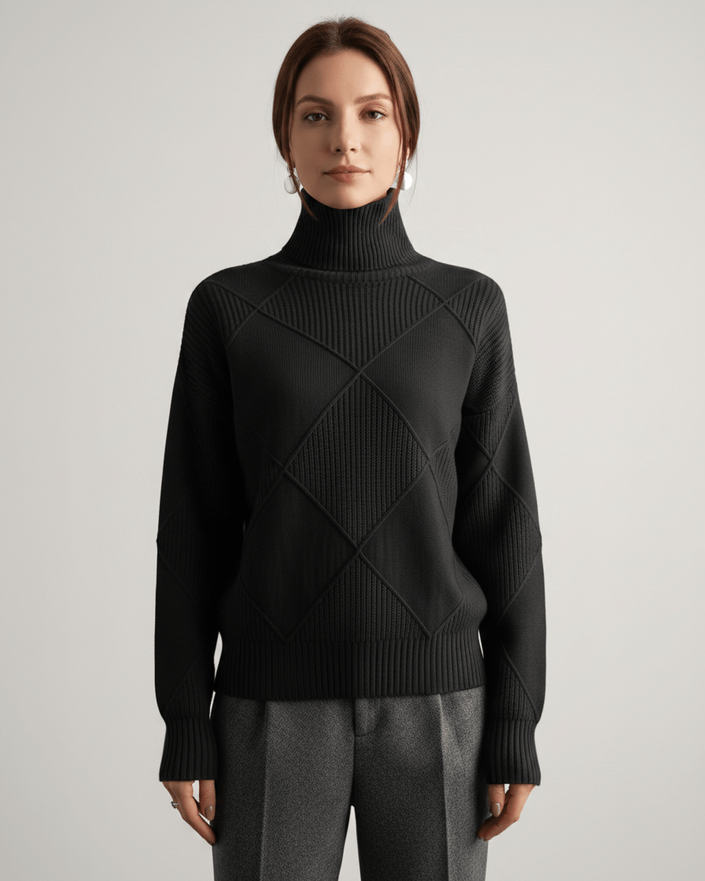 Aureline Sweater by Lauven — women’s oversized high-neck knit sweater with geometric texture and ribbed details