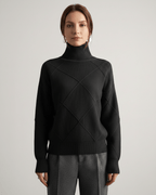 Aureline Sweater by Lauven — women’s oversized high-neck knit sweater with geometric texture and ribbed details