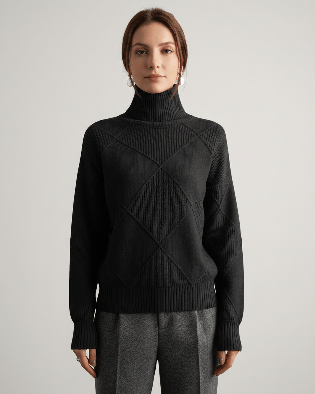 Aureline Sweater by Lauven — women’s oversized high-neck knit sweater with geometric texture and ribbed details
