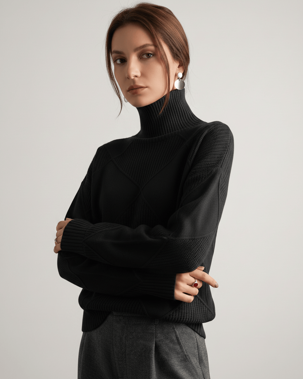 Aureline Sweater by Lauven — women’s oversized high-neck knit sweater with geometric texture and ribbed details