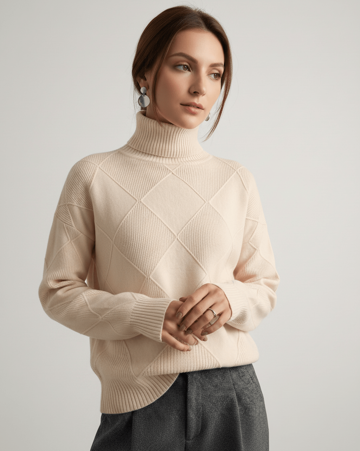 Aureline Sweater by Lauven — women’s oversized high-neck knit sweater with geometric texture and ribbed details