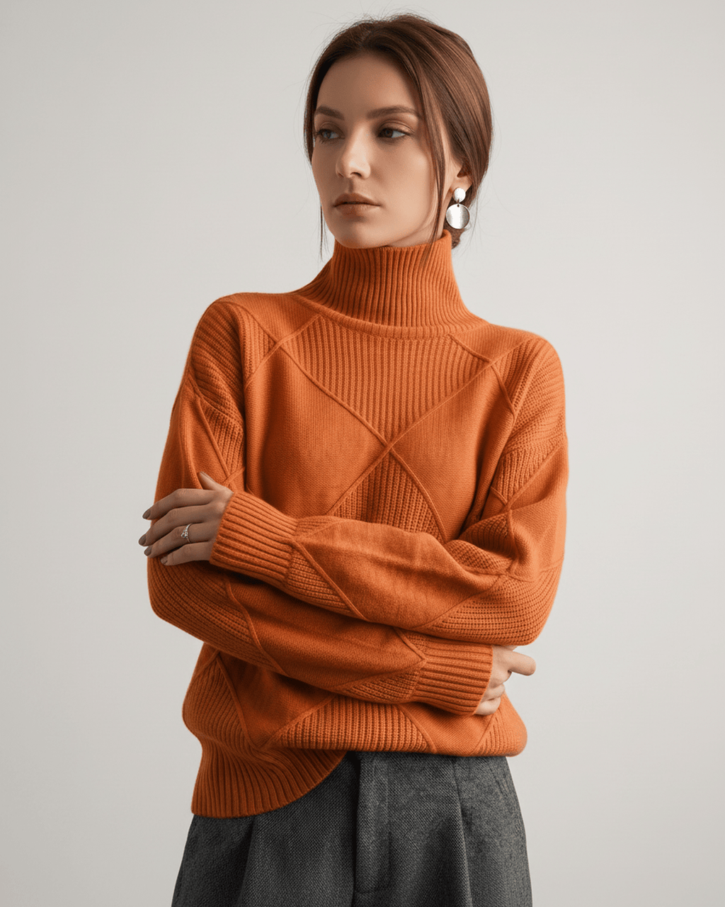Aureline Sweater by Lauven — women’s oversized high-neck knit sweater with geometric texture and ribbed details