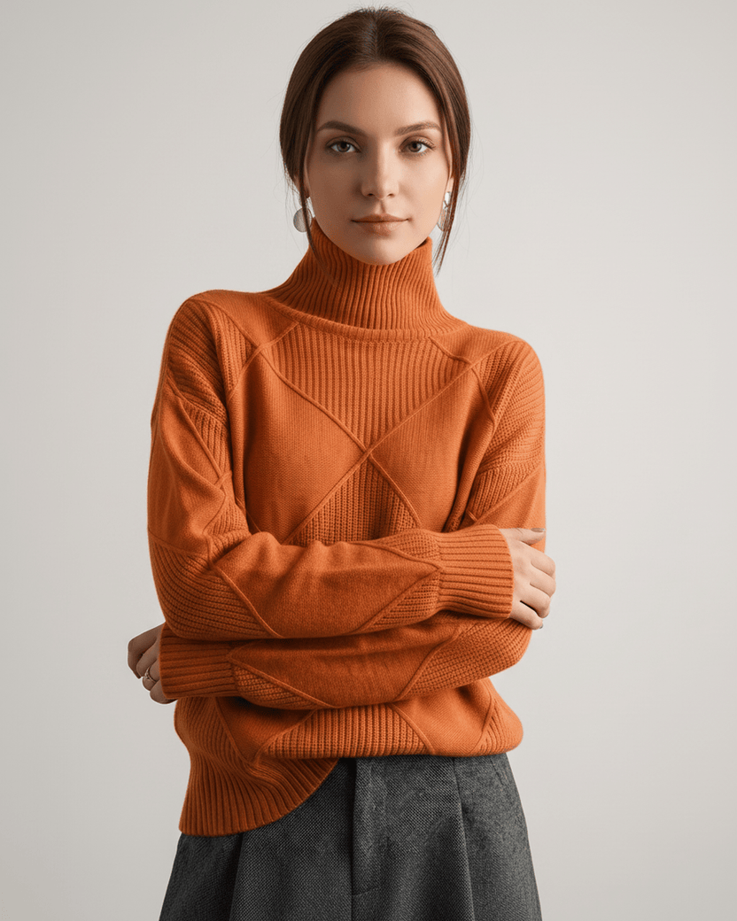 Aureline Sweater by Lauven — women’s oversized high-neck knit sweater with geometric texture and ribbed details