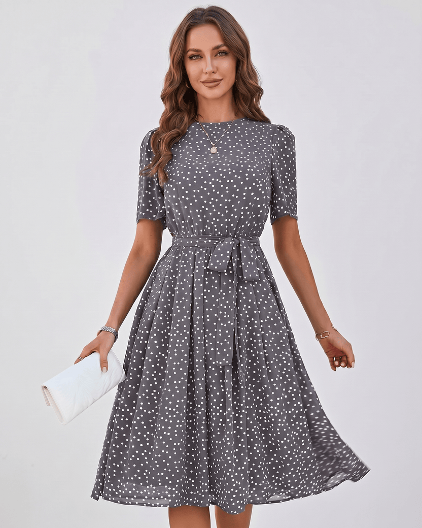 Veloura Midi Dress by Lauven — grey polka dot short sleeve o-neck A-line midi dress