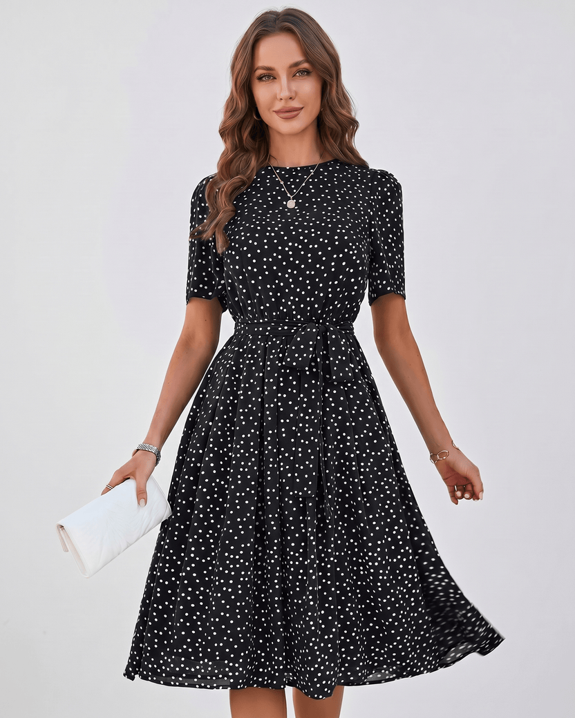 Veloura Midi Dress by Lauven — black polka dot short sleeve o-neck A-line midi dress