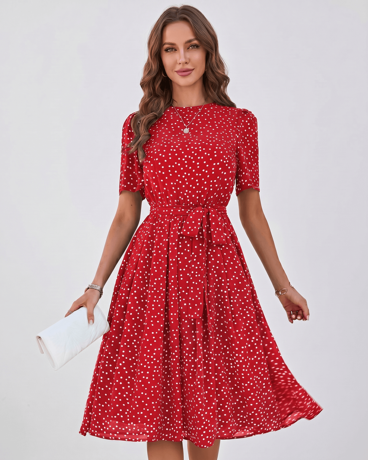 Veloura Midi Dress by Lauven — red polka dot short sleeve o-neck A-line midi dress