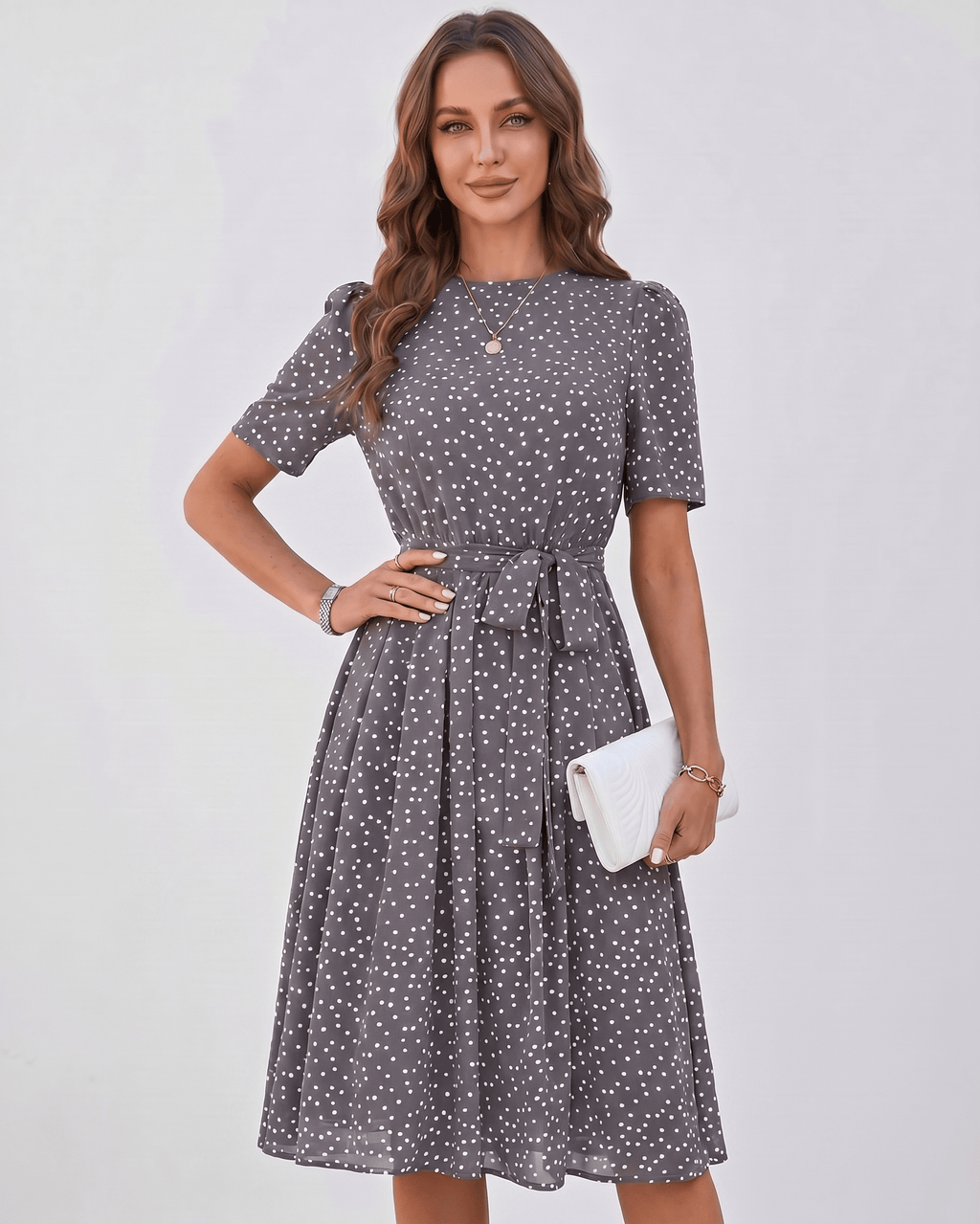 Veloura Midi Dress by Lauven — polka dot short sleeve o-neck A-line midi dress