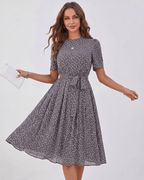 Veloura Midi Dress by Lauven — polka dot short sleeve o-neck A-line midi dress