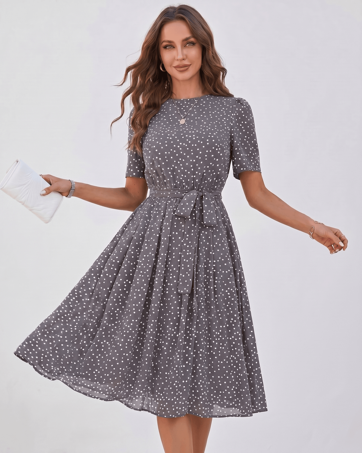 Veloura Midi Dress by Lauven — polka dot short sleeve o-neck A-line midi dress