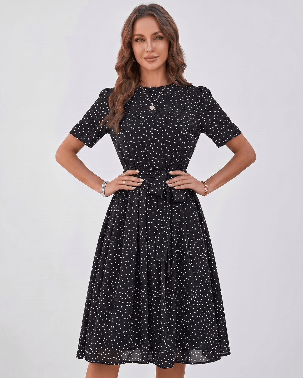 Veloura Midi Dress by Lauven — polka dot short sleeve o-neck A-line midi dress