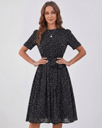 Veloura Midi Dress by Lauven — polka dot short sleeve o-neck A-line midi dress