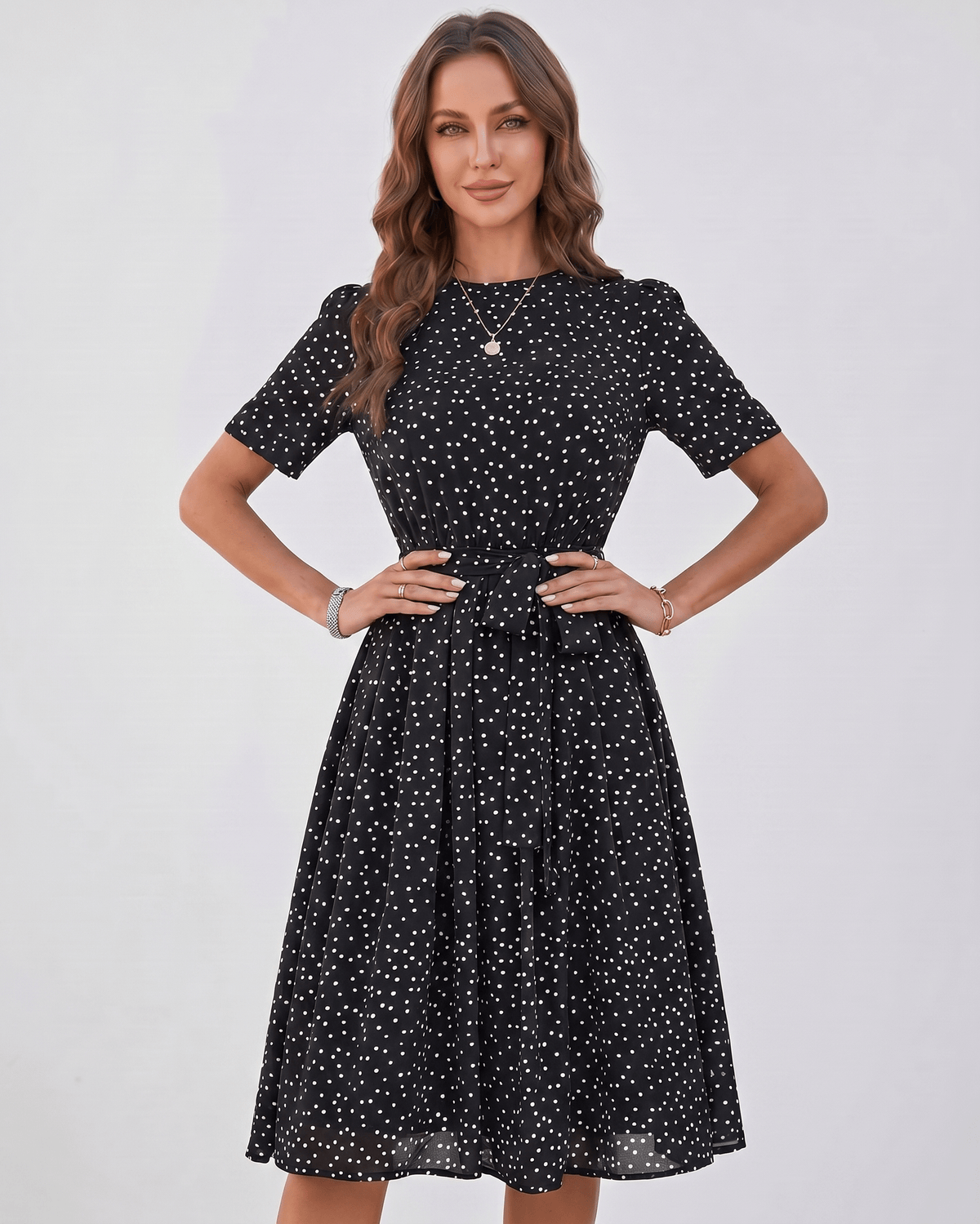 Veloura Midi Dress by Lauven — polka dot short sleeve o-neck A-line midi dress