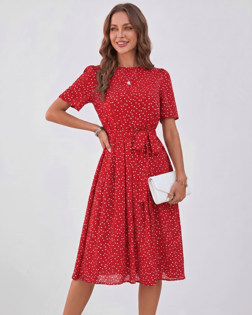 Veloura Midi Dress by Lauven — polka dot short sleeve o-neck A-line midi dress