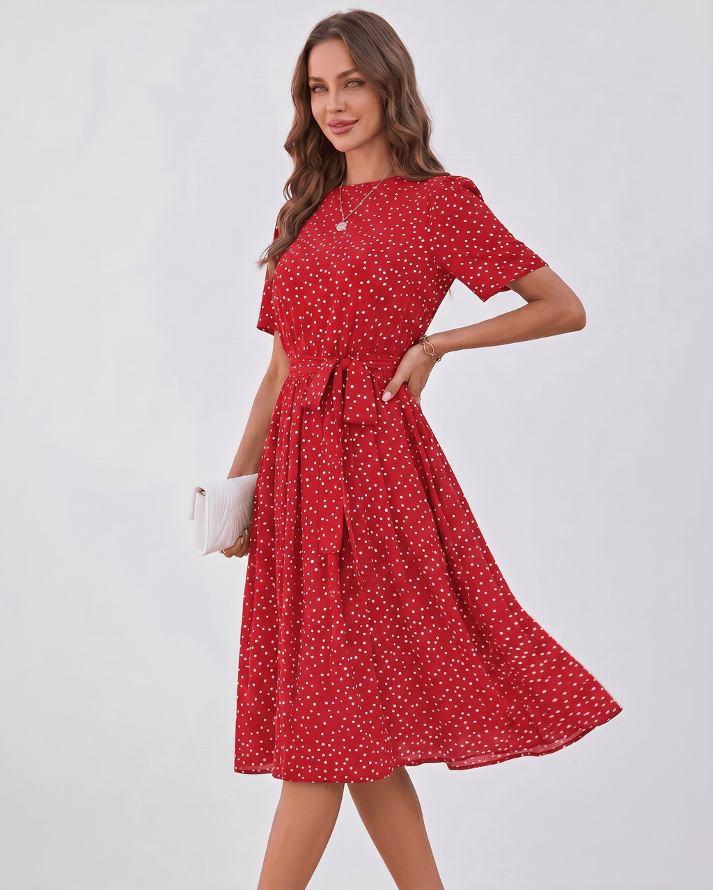Veloura Midi Dress by Lauven — polka dot short sleeve o-neck A-line midi dress