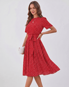 Veloura Midi Dress by Lauven — polka dot short sleeve o-neck A-line midi dress