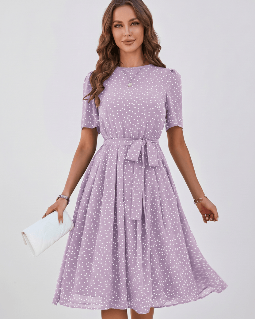 Veloura Midi Dress by Lauven — lilac polka dot short sleeve o-neck A-line midi dress