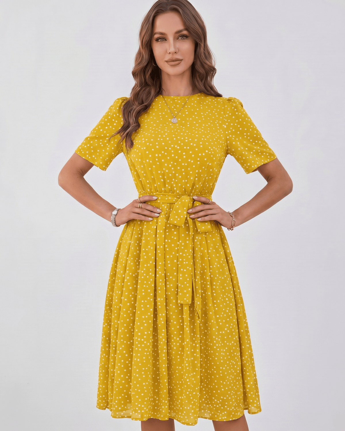 Veloura Midi Dress by Lauven — polka dot short sleeve o-neck A-line midi dress