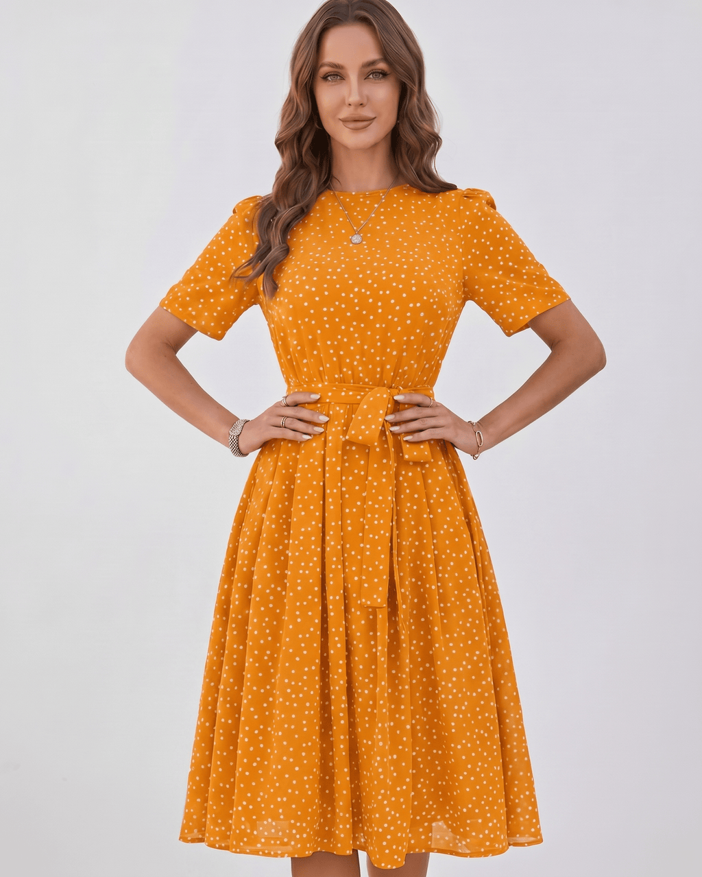 Veloura Midi Dress by Lauven — polka dot short sleeve o-neck A-line midi dress
