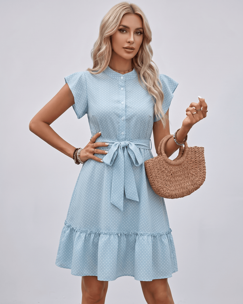 Veloura Mini Dress by Lauven — blue polka dot short sleeve round neck A-line mini dress