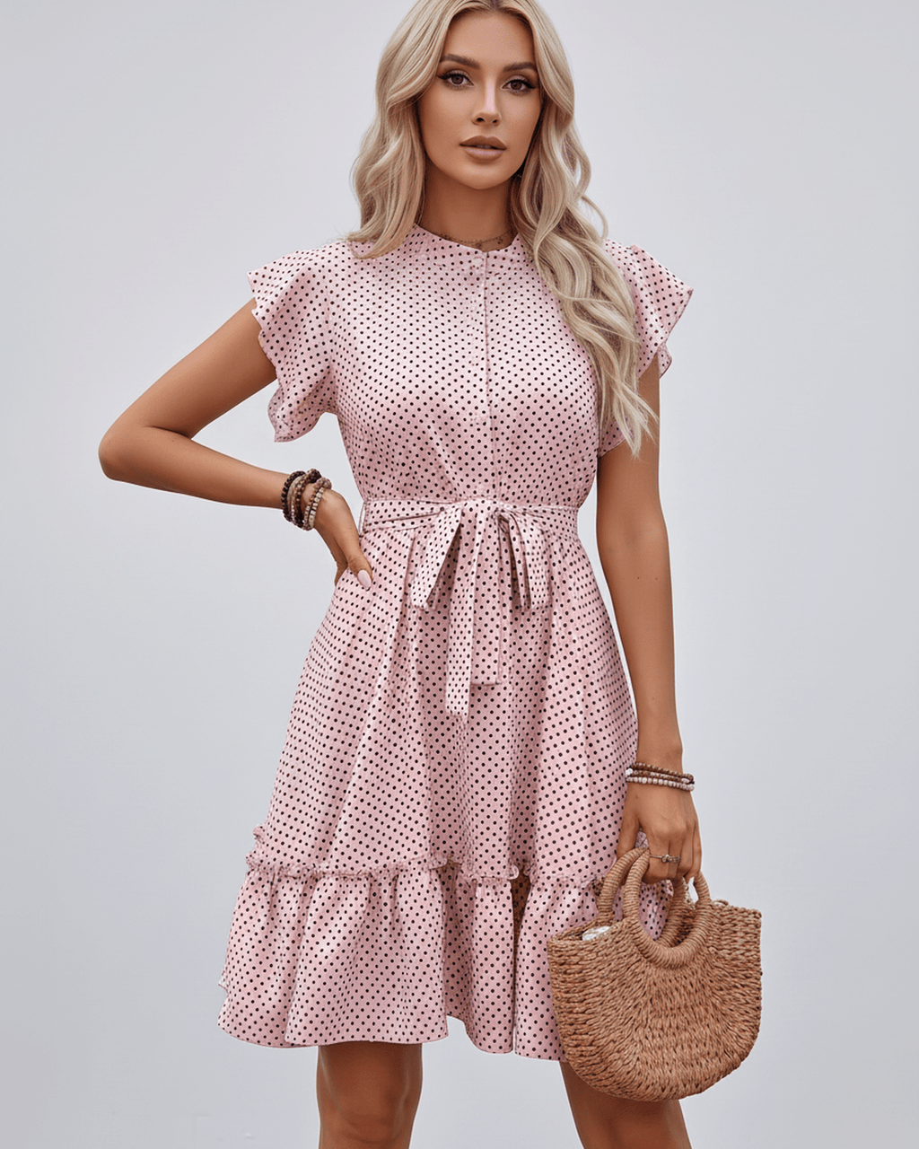 Veloura Mini Dress by Lauven — polka dot short sleeve round neck A-line mini dress