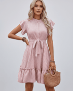 Veloura Mini Dress by Lauven — polka dot short sleeve round neck A-line mini dress
