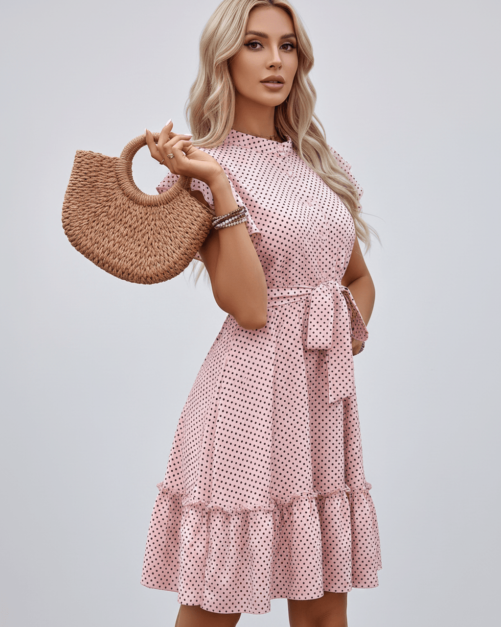 Veloura Mini Dress by Lauven — polka dot short sleeve round neck A-line mini dress