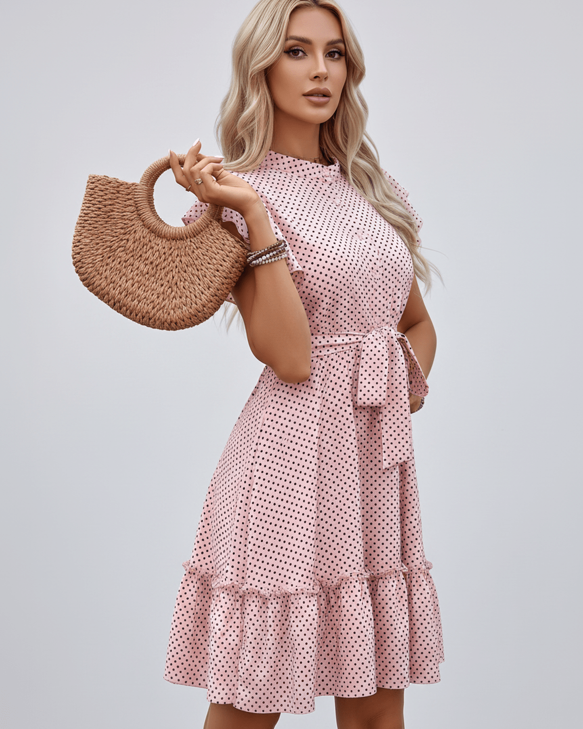 Veloura Mini Dress by Lauven — polka dot short sleeve round neck A-line mini dress