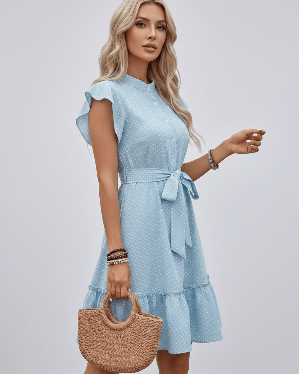 Veloura Mini Dress by Lauven — polka dot short sleeve round neck A-line mini dress