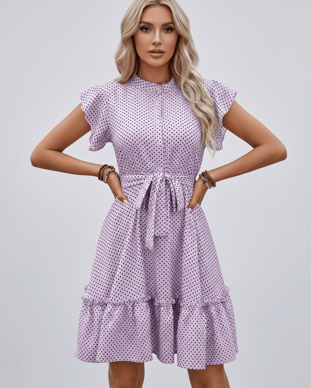 Veloura Mini Dress by Lauven — polka dot short sleeve round neck A-line mini dress