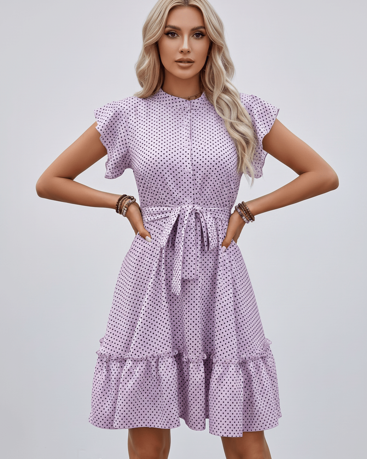 Veloura Mini Dress by Lauven — polka dot short sleeve round neck A-line mini dress