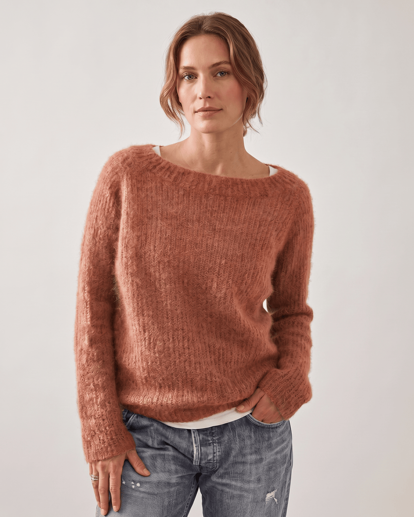 Veloura Sweater by Lauven — orange women’s relaxed knit sweater with soft brushed texture