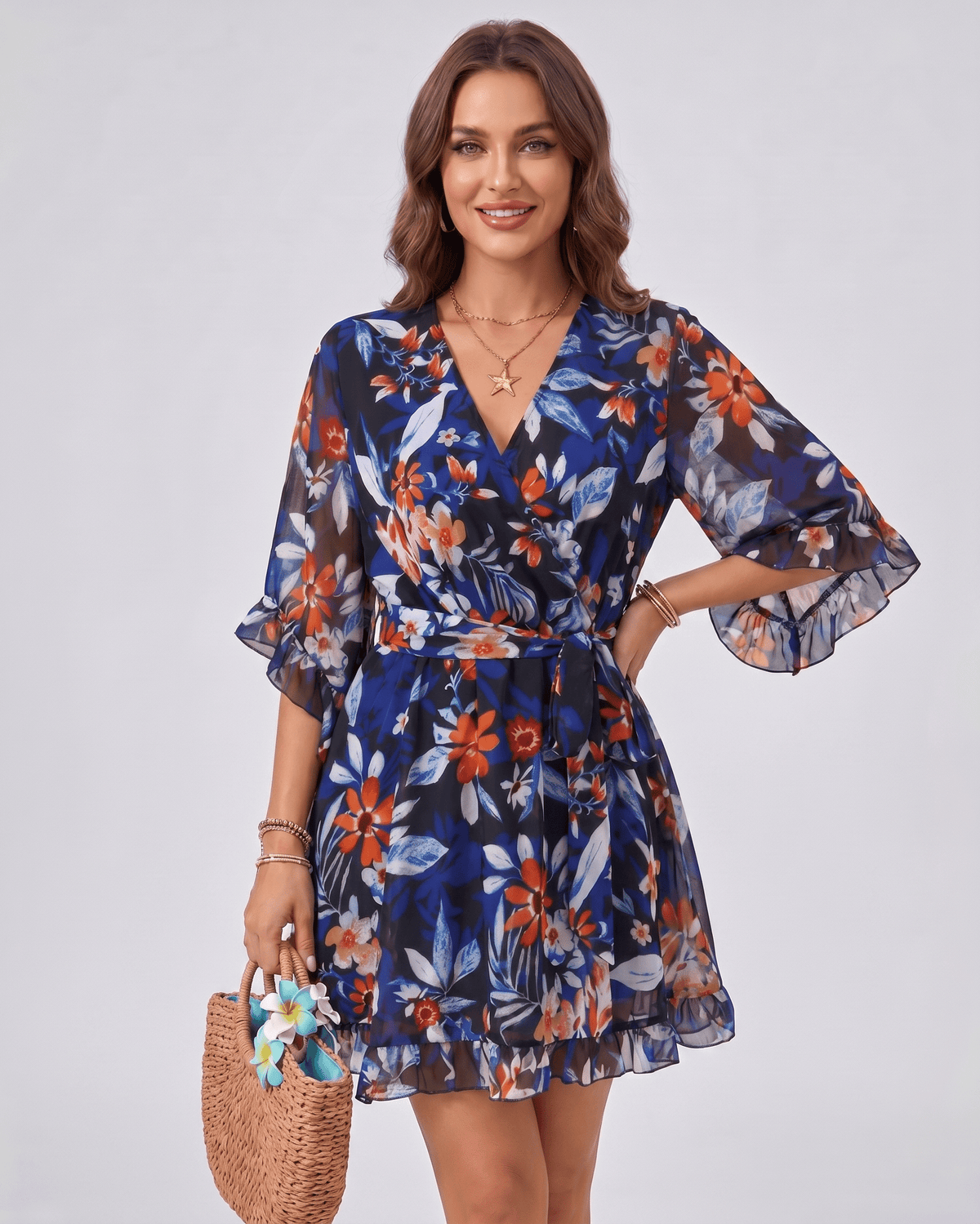 Florisse Mini Dress by Lauven — chiffon long flare sleeve V-neck A-line mini dress