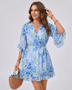 Florisse Mini Dress by Lauven — chiffon long flare sleeve V-neck A-line mini dress