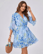 Florisse Mini Dress by Lauven — chiffon long flare sleeve V-neck A-line mini dress