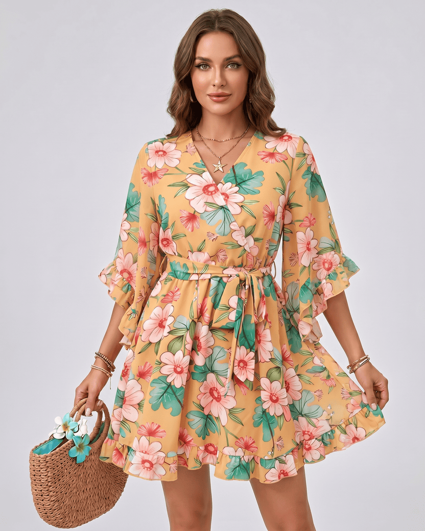 Florisse Mini Dress by Lauven — yellow chiffon long flare sleeve V-neck A-line mini dress