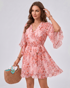Florisse Mini Dress by Lauven — chiffon long flare sleeve V-neck A-line mini dress