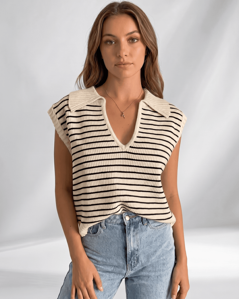 Solvane T-Shirt by Lauven — beige women’s ribbed striped T-shirt with lapel collar and V-neck knit design
