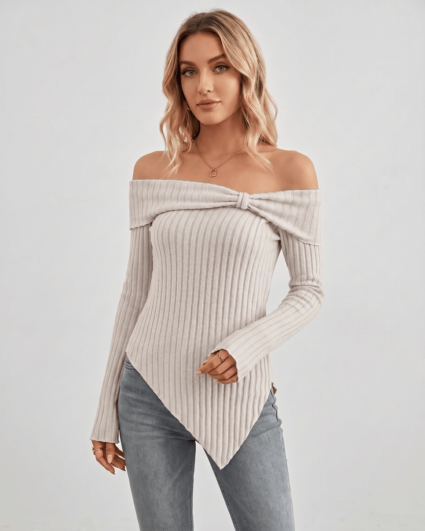 Veloura Long Sleeve Top by Lauven — beige women’s ribbed off shoulder long sleeve top with asymmetrical hem