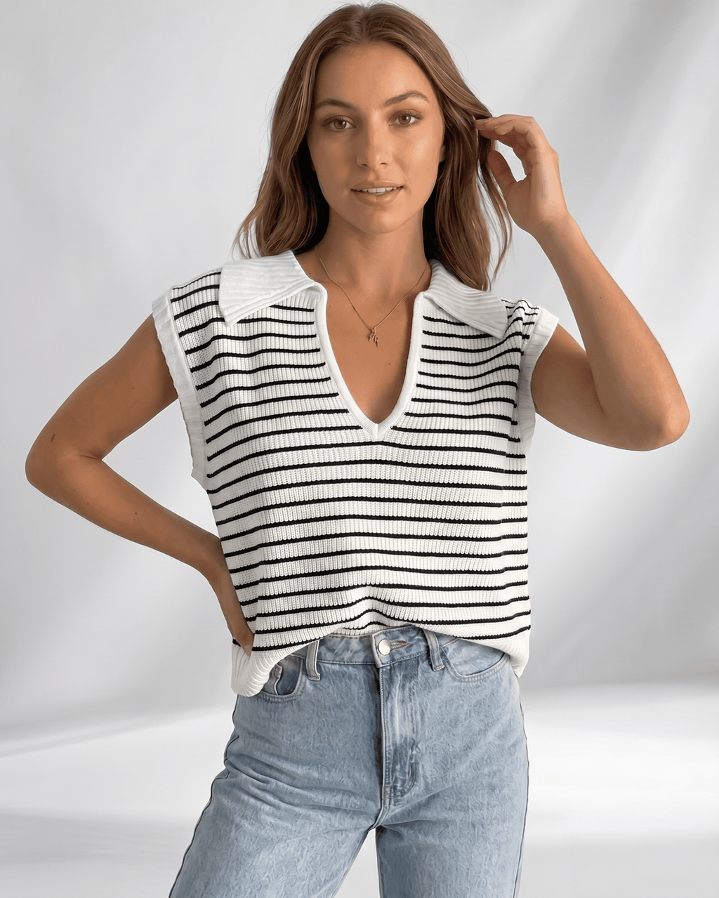 Solvane T-Shirt by Lauven — women’s ribbed striped T-shirt with lapel collar and V-neck knit design