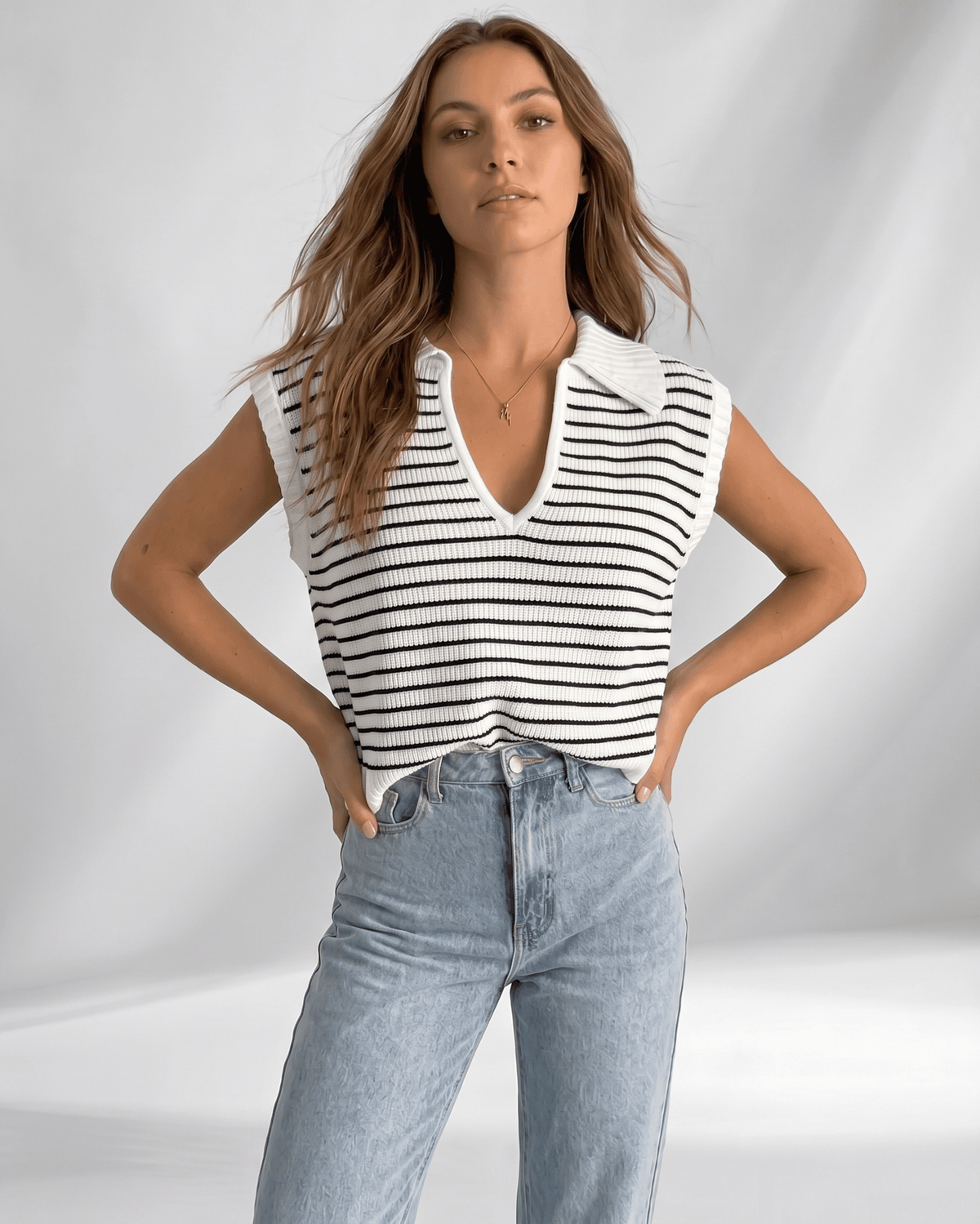 Solvane T-Shirt by Lauven — women’s ribbed striped T-shirt with lapel collar and V-neck knit design