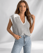 Solvane T-Shirt by Lauven — women’s ribbed striped T-shirt with lapel collar and V-neck knit design