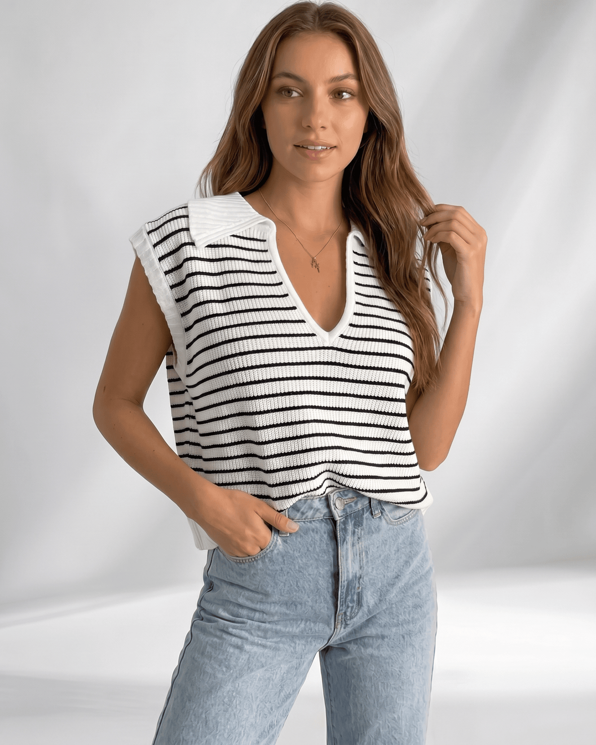 Solvane T-Shirt by Lauven — women’s ribbed striped T-shirt with lapel collar and V-neck knit design