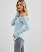 Veloura Long Sleeve Top by Lauven — women’s ribbed off shoulder long sleeve top with asymmetrical hem