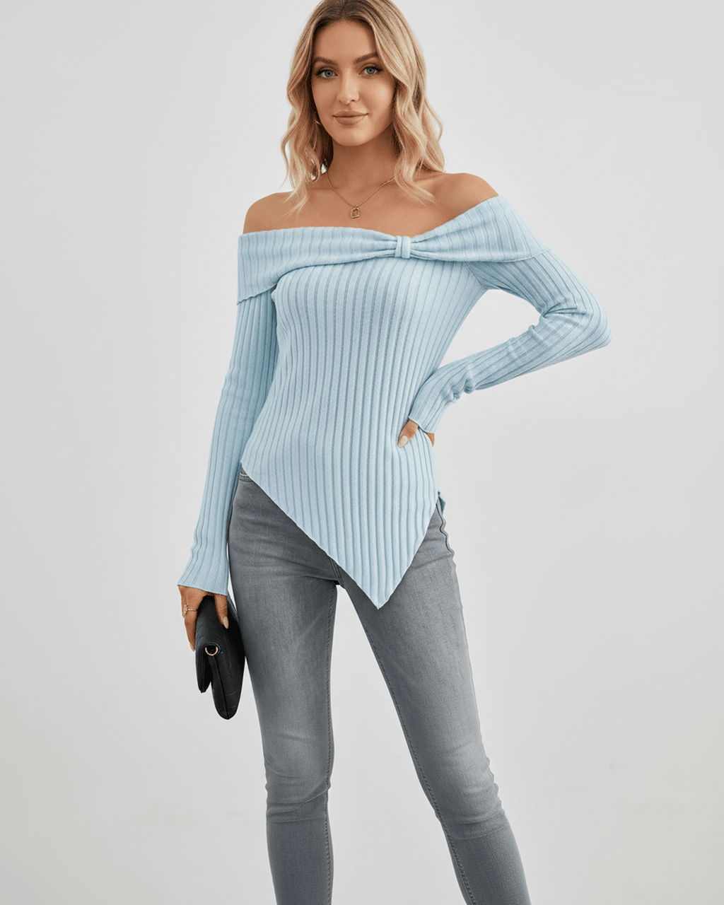 Veloura Long Sleeve Top by Lauven — women’s ribbed off shoulder long sleeve top with asymmetrical hem