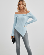 Veloura Long Sleeve Top by Lauven — women’s ribbed off shoulder long sleeve top with asymmetrical hem