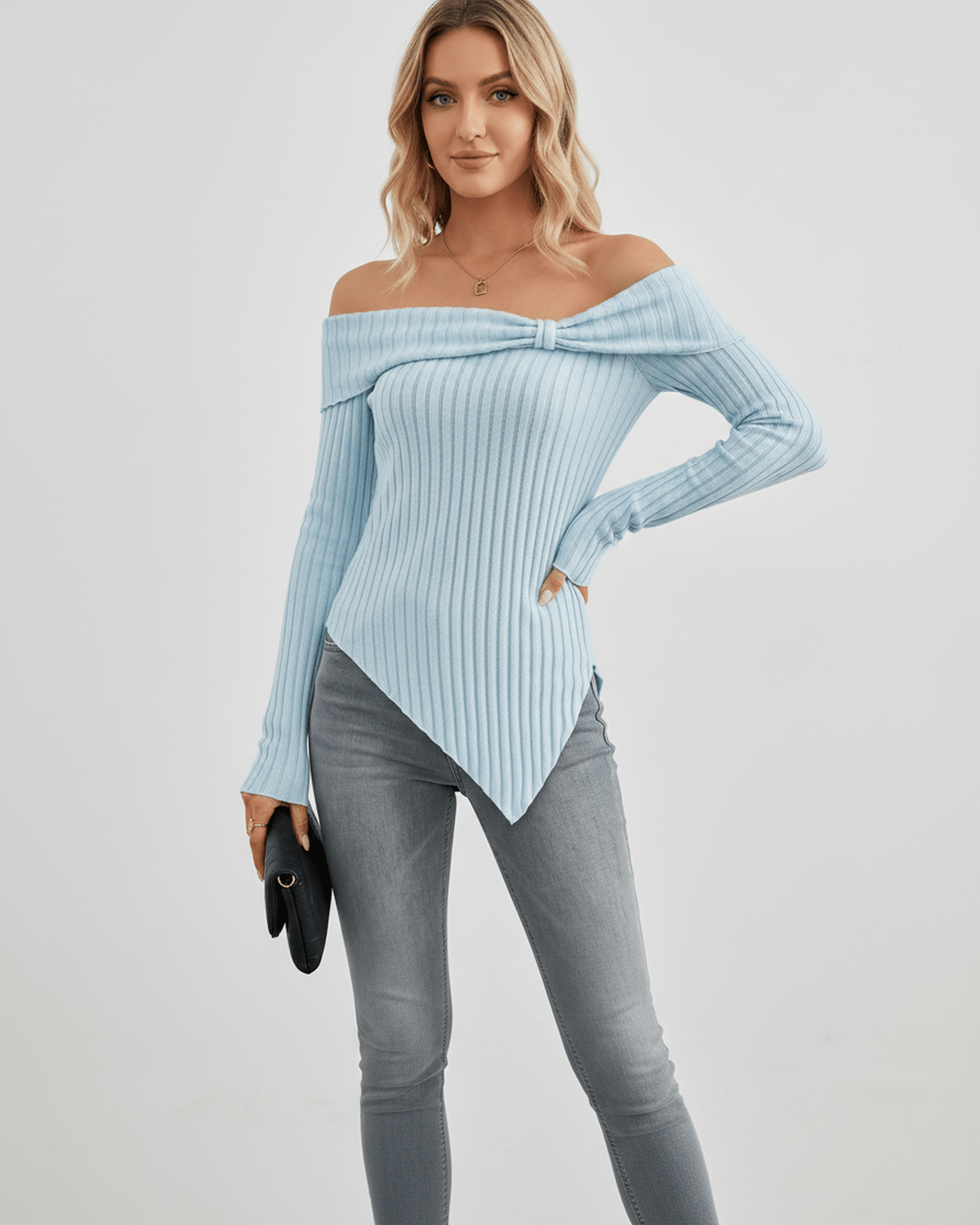 Veloura Long Sleeve Top by Lauven — women’s ribbed off shoulder long sleeve top with asymmetrical hem
