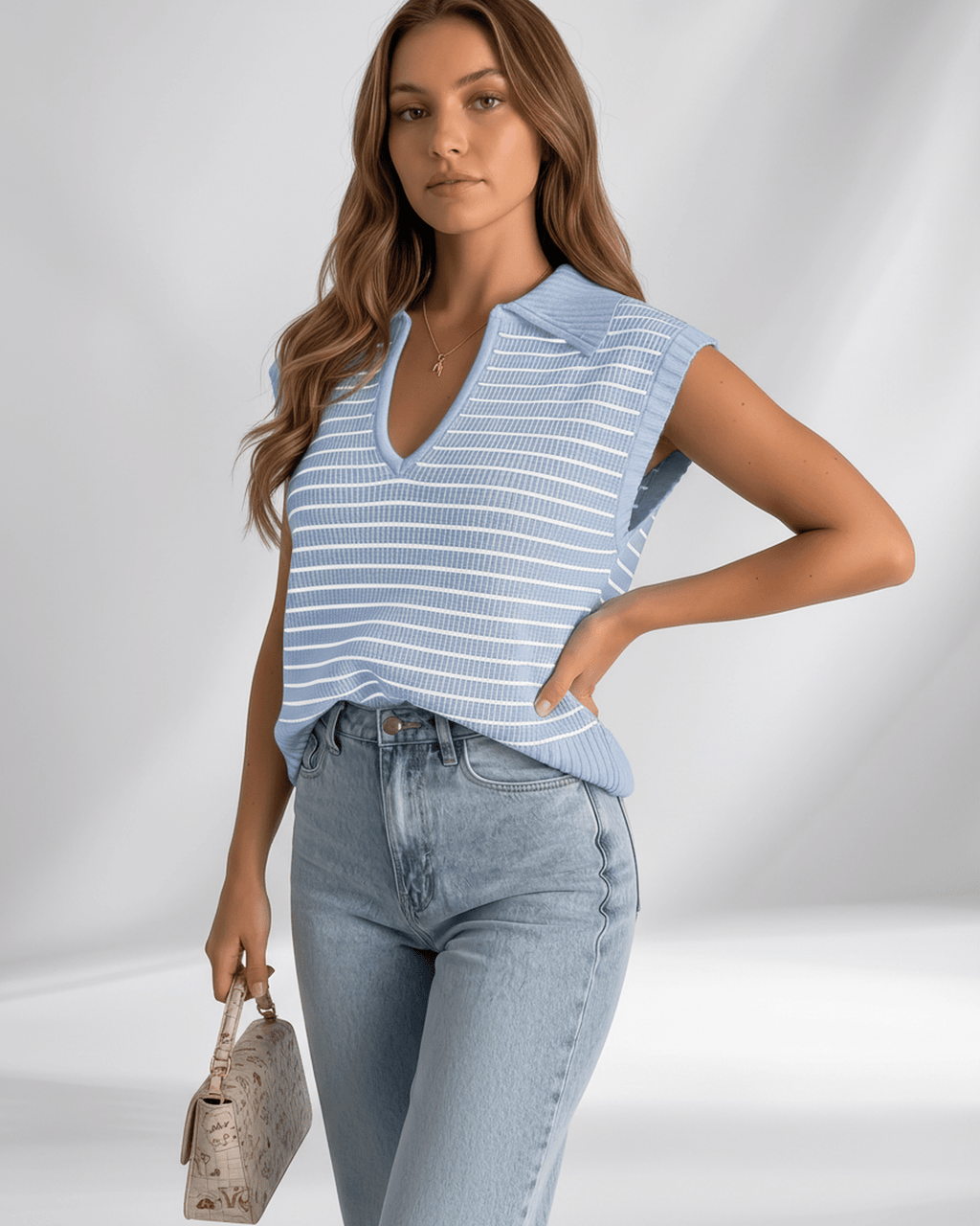 Solvane T-Shirt by Lauven — women’s ribbed striped T-shirt with lapel collar and V-neck knit design