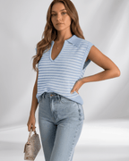 Solvane T-Shirt by Lauven — women’s ribbed striped T-shirt with lapel collar and V-neck knit design
